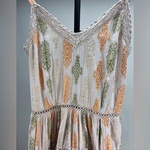 Cream Midi Dress with Olive & Orange Embroidered Motifs